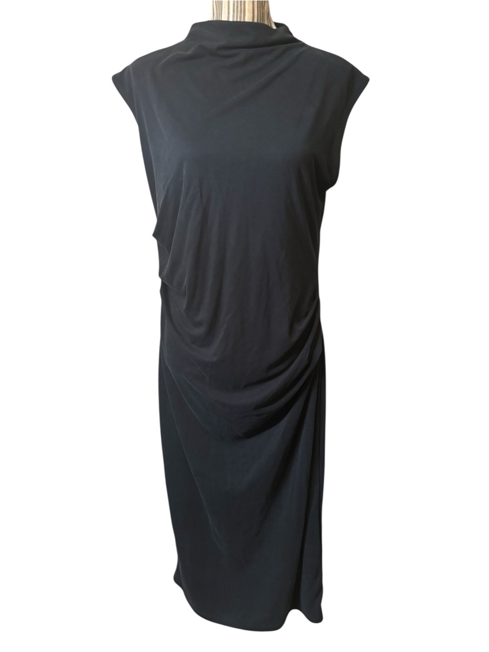 Old Navy Dress Large Black Sleeveless Midi Draped Sides High Neck Soft Stretch